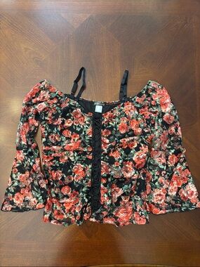 VENUS Black Floral Off-Shoulder Peplum Top with Red Roses